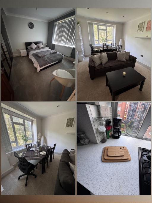 Collage of a modern living space with a bedroom, lounge area, dining room, and kitchen.