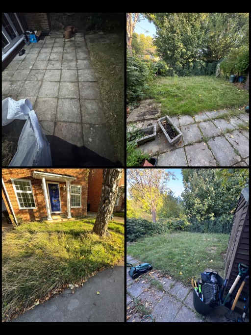 Four images showing a garden transformation from overgrown to tidy, with paving and grass.