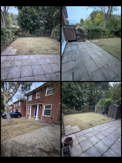 Four views of a garden: paved areas and a lawn, with nearby trees and a house visible.