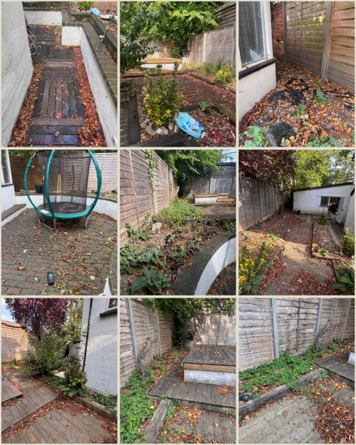 Gardens and pathways with plants and foliage, some areas are overgrown and unkempt.