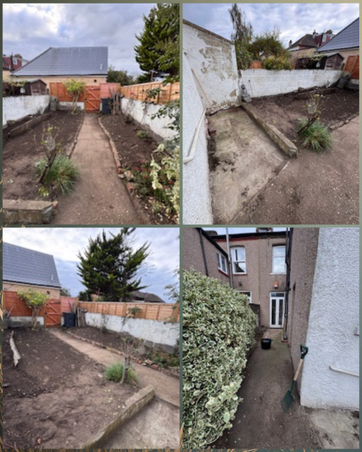 Four views of a garden showing bare soil, a pathway, and surrounding fences.