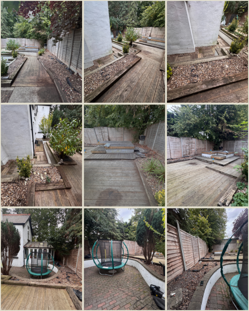 Garden pathway featuring wooden decking, plant pots, and a serene landscape.